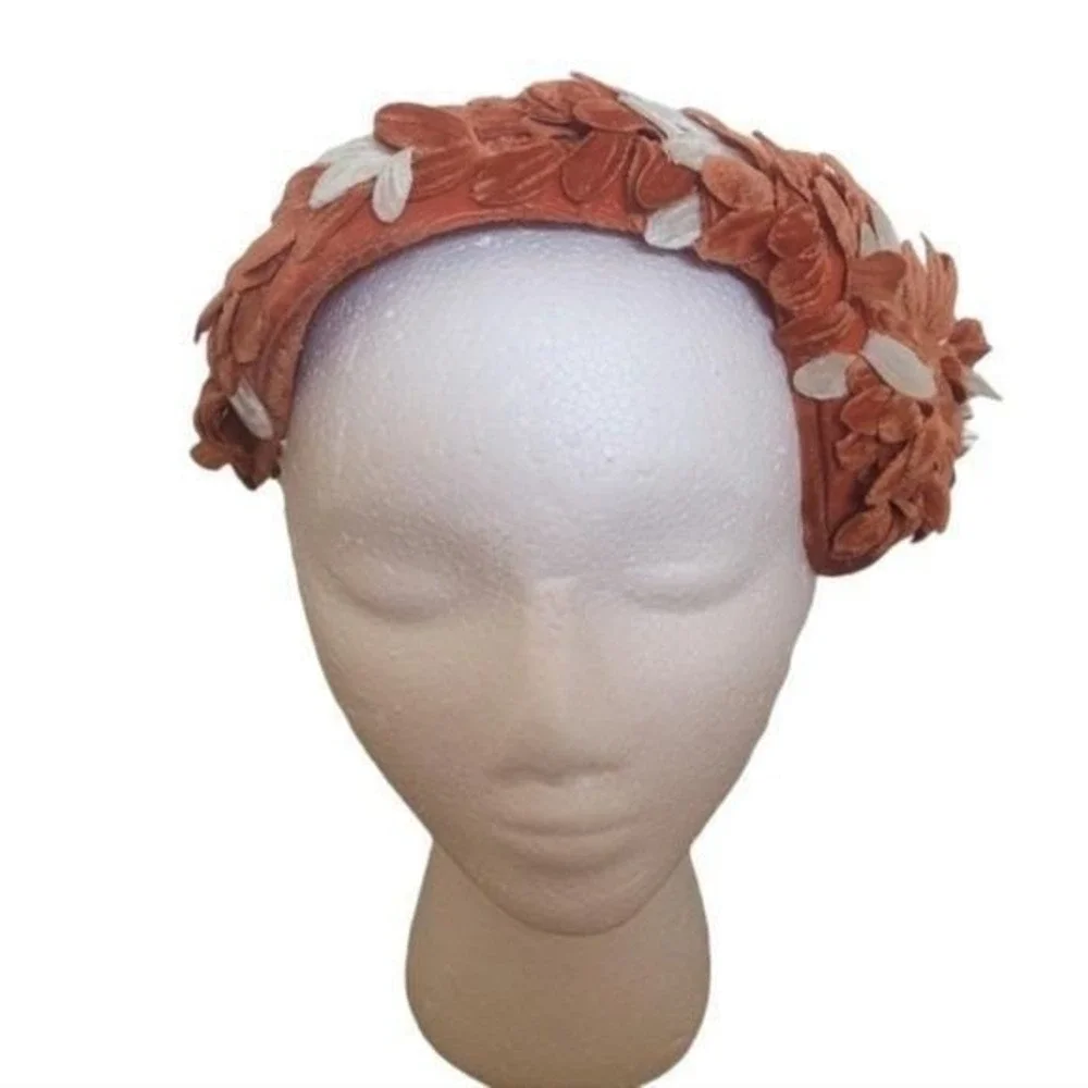 Vintage 1940's Millinery Burnt Orange and Cream Velvet and Rhinestone Floral Hat - Picture 3 of 5